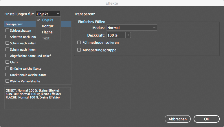 Beispiel im InDesign. Effekte können auf das gesamte Objekt, nur auf die Fläche oder auf die Kontur angewendet werden.
