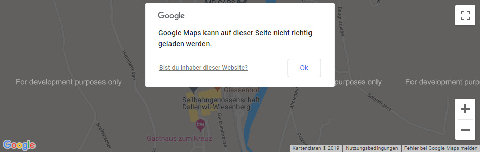 Folge der Umstellung: Eine Infobox zeigt an, dass die korrekte Darstellung der Karte nicht mehr funktioniert.