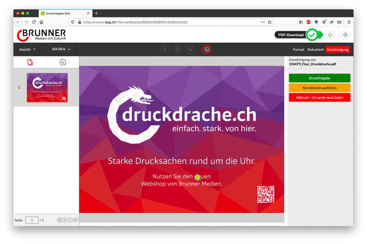 Download Druck-PDF: Über die Download-Schaltfläche kann der Kunde das Druck-PDF bei Bedarf herunterladen.