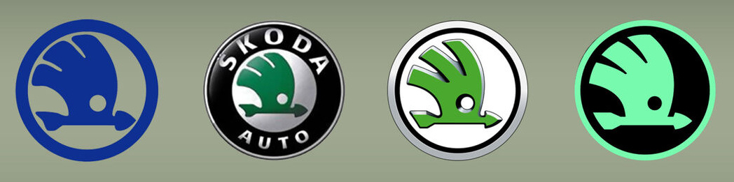 Die Entwicklungsstufen der Bildmarke von Škoda (v.l.n.r.): 1925–1993, 1994–2011, 2011–2022, ab 2023.