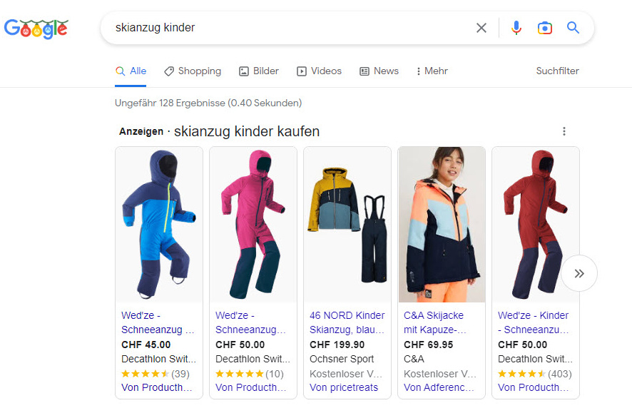 Google-Shopping-Anzeige zur Begriffskombination «Skianzug Kinder».