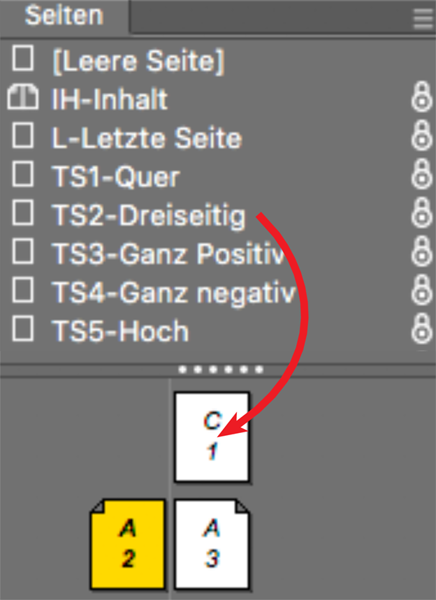 Um eine Titelseitenvorlage auf das Dokument anzuwenden, muss die Vorlage im Seitenfenster auf die Dokumentseite im Bereich unter den Aliasseiten gezogen werden.