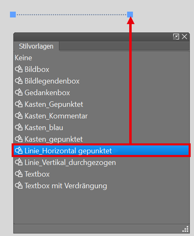 Um Artikel in der Horizontalen abzutrennen kann die Linie Horizontal gepunktet verwendet werden