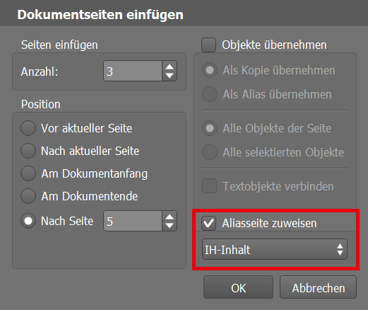Das Zuweisen der Aliasseite darf nicht vergessen werden, ansonsten werden die neuen Seite ohne Kopfzeile und Pagina erstellt.