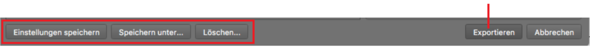 Der vordere Bereich dient zum Steuern und Speichern der Exporteinstellung. Auf den Exportieren-Button klicken,  um den PDF-Export zu starten.